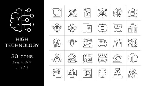 High Technology Icon Set High Technology Editable Stroke Vector Icon Set. artificial intelligence icon stock illustrations
