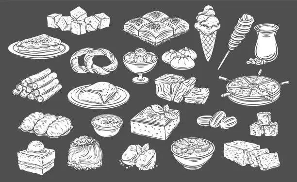 Vector illustration of Turkish Desserts and Drinks Glyph Icons Set