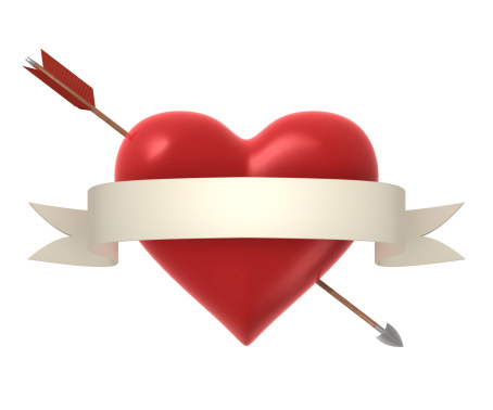Heart and arrow with banner.The banner has open copy space for your message.This image could be useful in a Valentine's composition.This is a detailed 3d rendering.