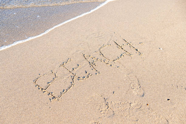 istock a beach shore with the word beach written on the sand 1730245209