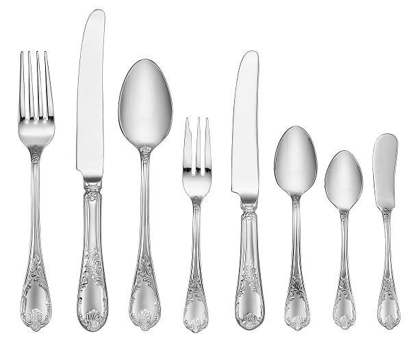 elegante vajilla de plata set (clipping path (borde de corte - spoon silverware fork table knife fotografías e imágenes de stock