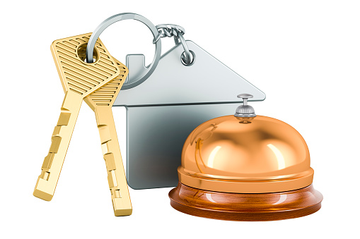 Home keychain with reception bell, 3D rendering isolated on white background