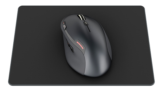 Wireless computer mouse on mousepad, 3D rendering isolated on white background