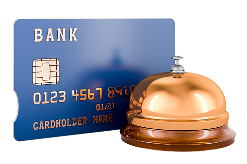 Credit card with reception bell, 3D rendering isolated on white background