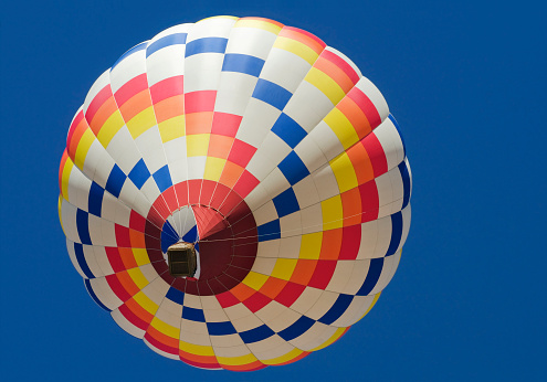 Looking straight up at a colorful hot air balloon against a clear blue sky.  