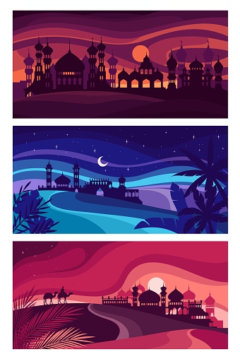 Middle East old city at different times of day set vector illustration. Cartoon isolated Arabian skyline banner collection with old town building silhouettes under night, afternoon and morning sky