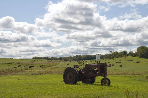 istock Rusty Tractor in Pasture with Hay Bales 173027392