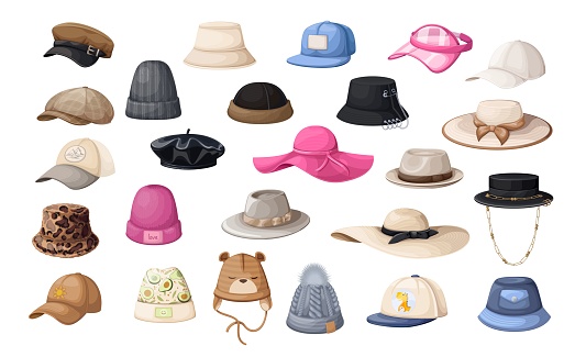 Hats set vector illustration. Cartoon isolated different retro and modern model of hats for man and woman collection, caps for summer and winter, fashion headwear of hipster and knit beanie of kids