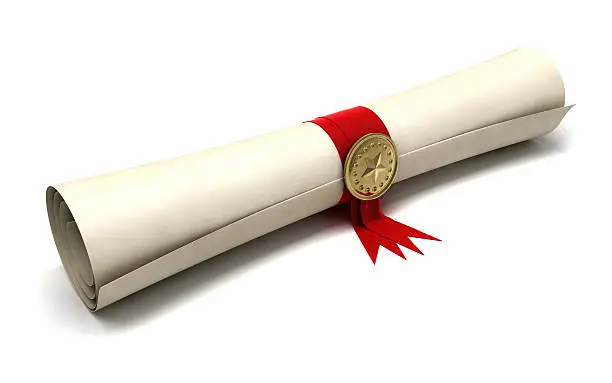 Royalty free 3d rendering of paper scroll with red ribbon and golden seal isolated on white.