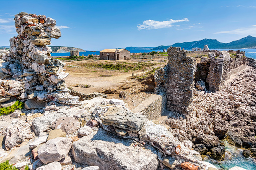 Panoramic view of Methoni Castle. The castle is a medieval fortification in the port town of Methoni, Messinia Peloponnese, Greece.