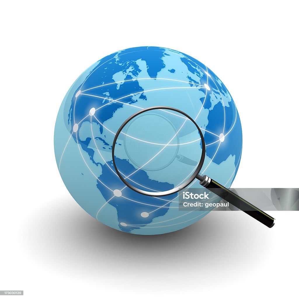 Searching the internet Globe with magnifying glass. Globe - Navigational Equipment Stock Photo