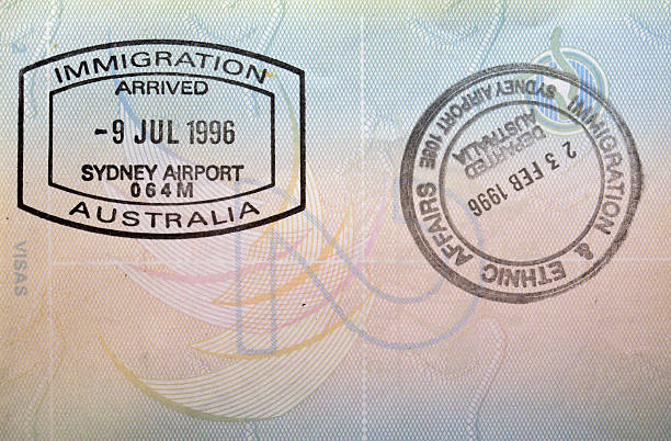 istock Entry and exit stamp from sydney, Australia, in British passport. 173030127