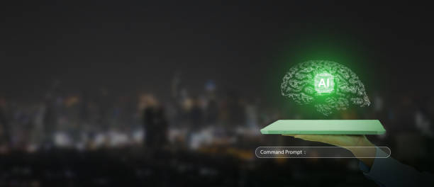 technologia sztucznej inteligencji. ręka trzymająca tablet ze świecącymi cząsteczkami w postaci ludzkiego mózgu i chipa ai. czatuj ze sztuczną inteligencją, sztuczną inteligencją, za pomocą wiersza poleceń. - command_ zdjęcia i obrazy z banku zdjęć