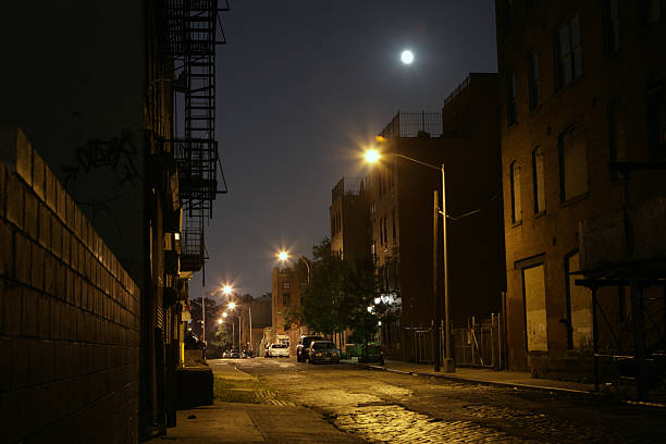 Deserted Brooklyn DUMBO Backstreet at Night with Full Moon stock photo