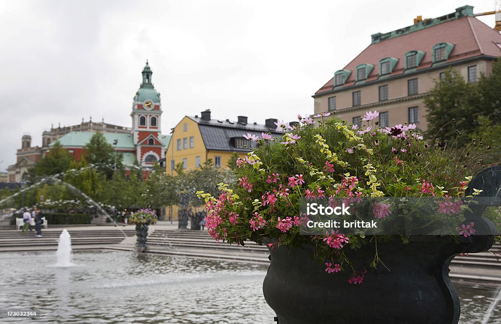 Large flowerpot. Large flowerpot by a fountain in Kungstr Color Image Stock Photo