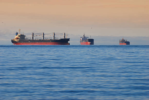 Freighters on the horizon stock photo