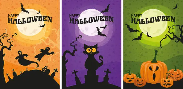 Vector illustration of Set of invitations with a Halloween theme.