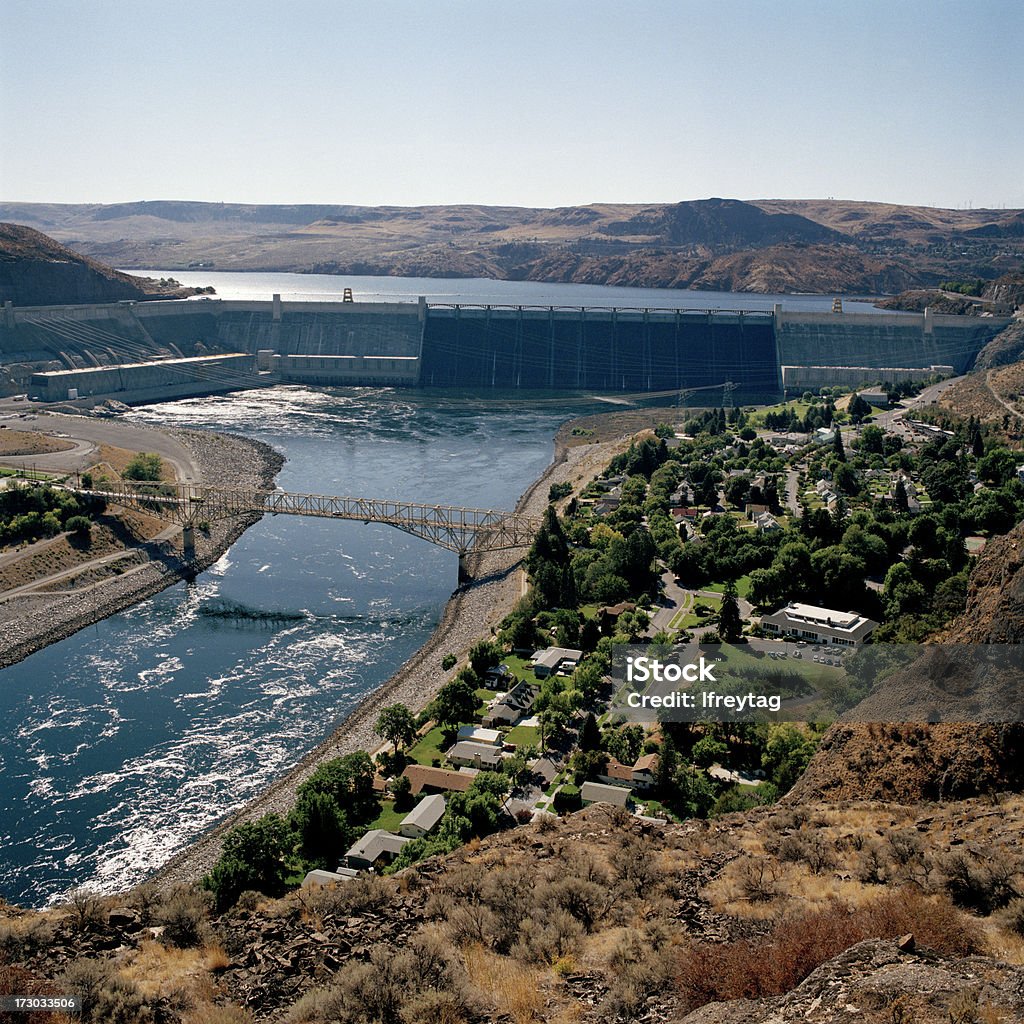 Grand Coulee Dam, Eastern Washington State, United States Viewed from nearby Crown Point. Photo taken at mid day during the summer of 2008 using 6x6 cm color negative film. Dam Stock Photo