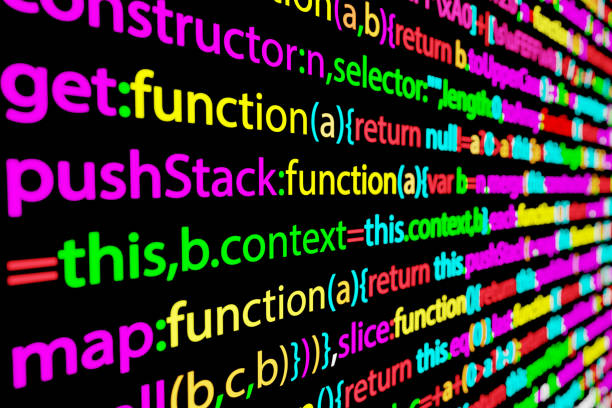 Colorful screen of programming editor in dark mode. Illustration of the concept of coding and computer languages