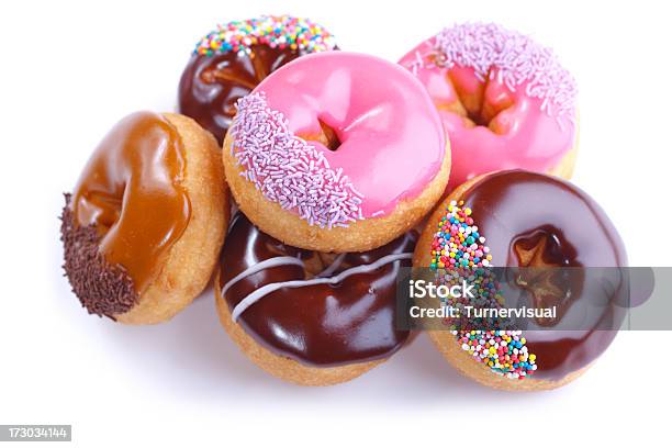 Six Donuts Isolated On White Stock Photo - Download Image Now - Doughnut, Chocolate Doughnut, White Background