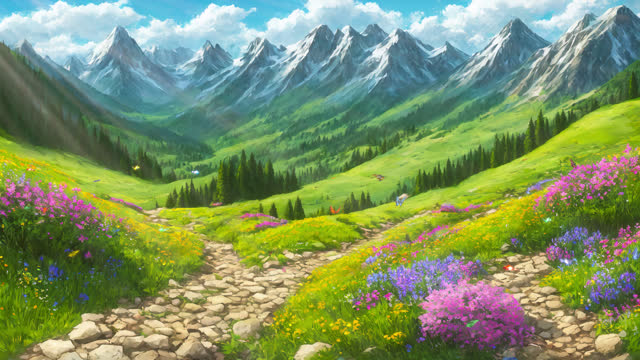 Summer mountain landscape,  Anime seamless Background.