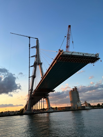The new bridge that is still in progress will connect Detroit, Michigan, United States, to Windsor, Ontario, Canada.