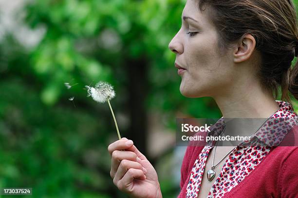 Deseos De Diente De León Foto de stock y más banco de imágenes de Mujeres - Mujeres, Vista de costado, Adulto