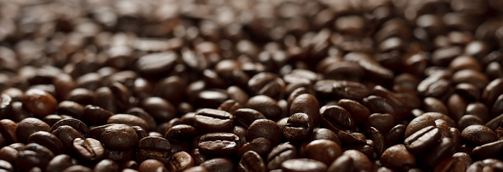 A close up panoramic shot of coffee beans. Soft focus.