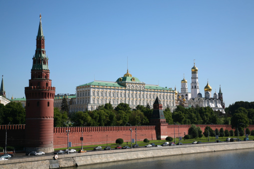 Spasskaya tower and walls of the Moscow Kremlin on Red Square in Moscow, Russia