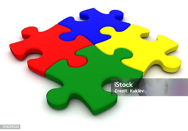 Cuatro Puzzle Elemento Foto de stock y más banco de imágenes de Negocio - Negocio, Abstracto, Amarillo - Color