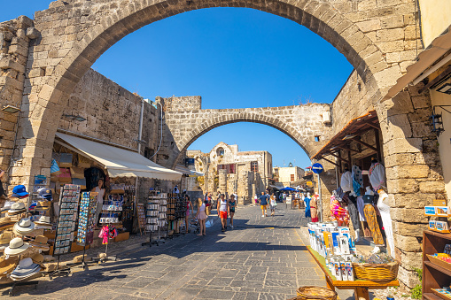 RHODES, GREECE - JULY 7, 2022: View of stone street of the historic center of the Rhodes city.