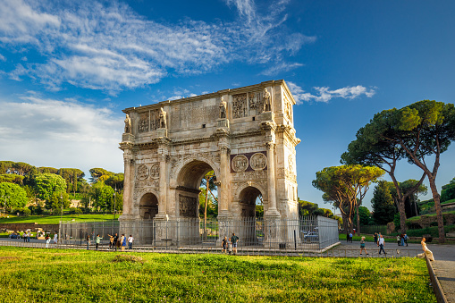 Arch of Constantine is situated near the Colosseum and stands as a significant monument that commemorates the victory of the Roman emperor Constantine I in the Battle of Milvian Bridge in 312 AD.