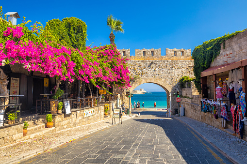 RHODES, GREECE - JULY 7, 2022: Gate of Virgin Mary in the historic center of the Rhodes city.