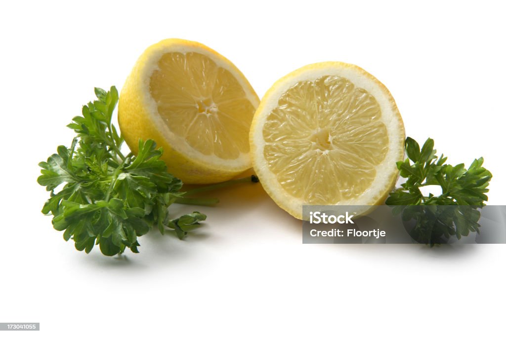 Ingredientes: Limón y perejil - Foto de stock de Fondo blanco libre de derechos