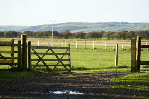 Open gate to farm fields