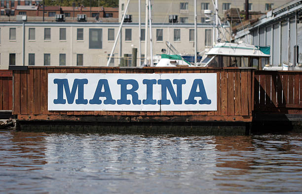 White and Blue Marina Sign stock photo