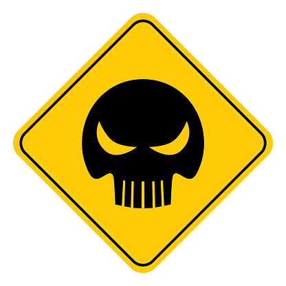 Vector illustration of a black and gold colored evil skull road sign.