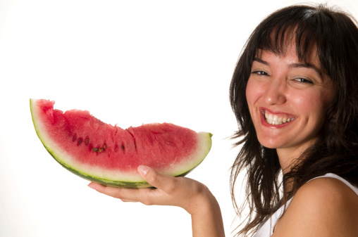 Young woman holding watermelon..isolated white background.