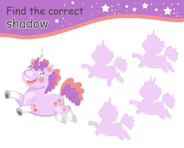 Vector illustration of Find correct shadow purple bodypositive unicorn vector