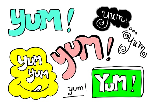 Yum Yum text. Doodle design for printing. Vector illustration. with a different and unique handwriting style