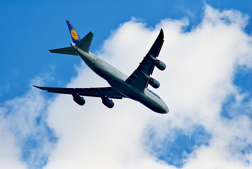 Fairfax, Virginia, USA - October 10, 2023: Lufthansa Airlines flight #LH418, a Boeing 747-830 jumbo jet, approaches Washington Dulles International Airport (IAD) following a transatlantic flight from Frankfurt, Germany (FRA).