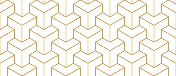Vector illustration of Geometric line tile seamless pattern. Isometric modern cube grid background. White and gold texture. Vintage herringbone wooden floor. Mosaics tile pattern. Vector illustration on white background