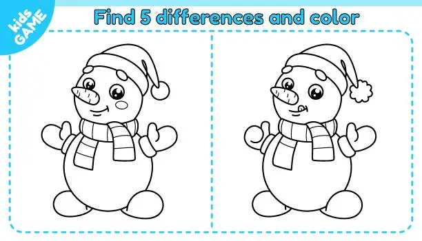 Vector illustration of Game Find differences and color snowman in scarf