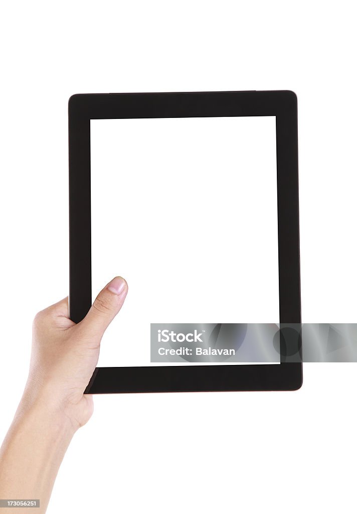 Mano agarrando tableta digital con pantalla en blanco sobre fondo blanco - Foto de stock de Tableta digital libre de derechos