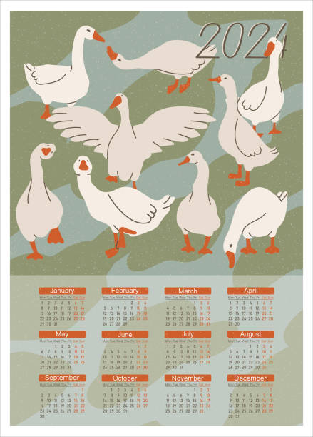 Calendar 2024. Cute geese vintage style. Dated 12 month calendar. Print-ready A3 format. Flat vector