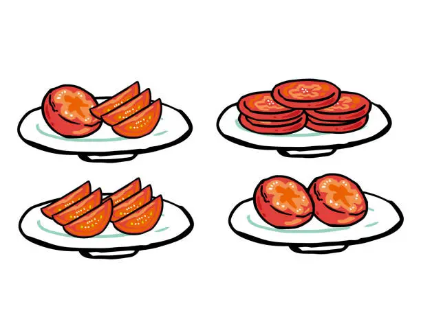 Vector illustration of 4 kinds of plates with cut tomatoes