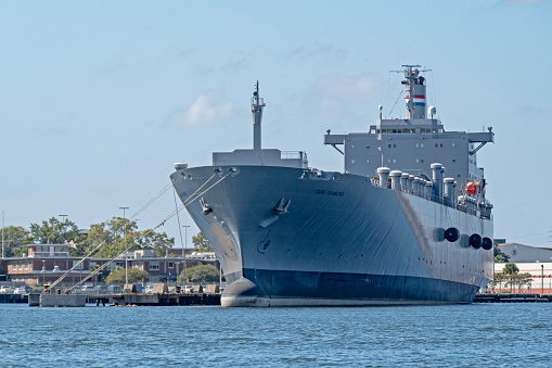 Charleston, SC, USA - October 05, 2023: SS Cape Diamond, a 207-meter roll-on roll-off logistics naval vessel with the Maritime Administration, moored in Charleston Harbor.