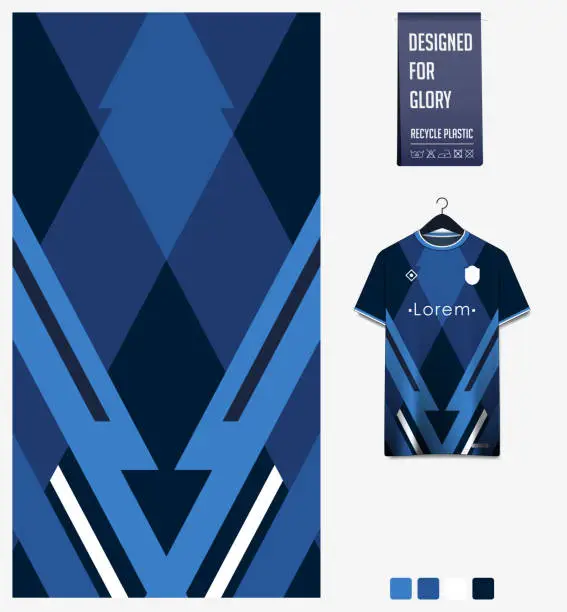 Vector illustration of Soccer jersey pattern design. Geometric pattern on blue background for soccer kit, football kit, sports uniform. T shirt mockup template. Fabric pattern. Abstract background.