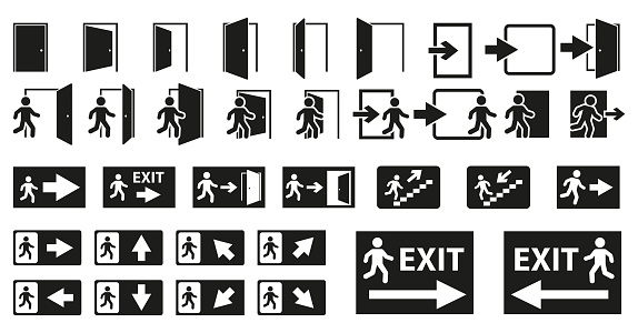 Exit icon set. Exit symbol.Emergency exit sign set. Evacuation symbol set.