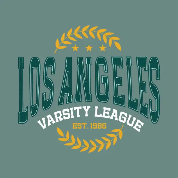 Vector illustration of Los Angeles varsity league - Vintage college style typography slogan print for tee - t shirt design. Vintage text with floral branches. Flat Vector illustration